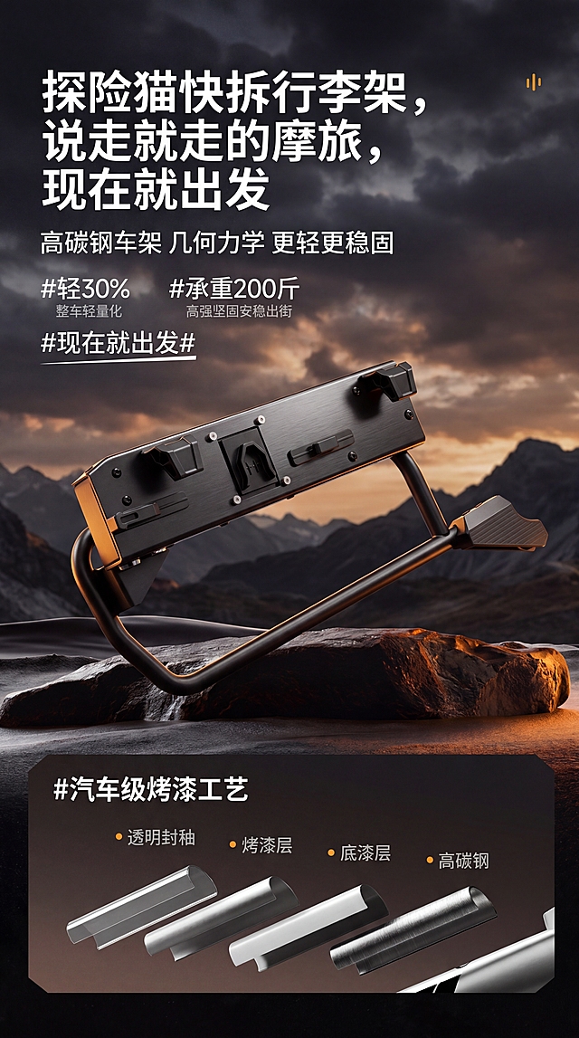 摩托车快拆行李架收尾宣传图，整体展示产品，户外摩旅背景，风格参考提供的自行车详情页，高品质工业风，9:16竖版，文字:"探险猫快拆行李架，说走就走的摩旅，现在就出发"，整体版式和参考图一致