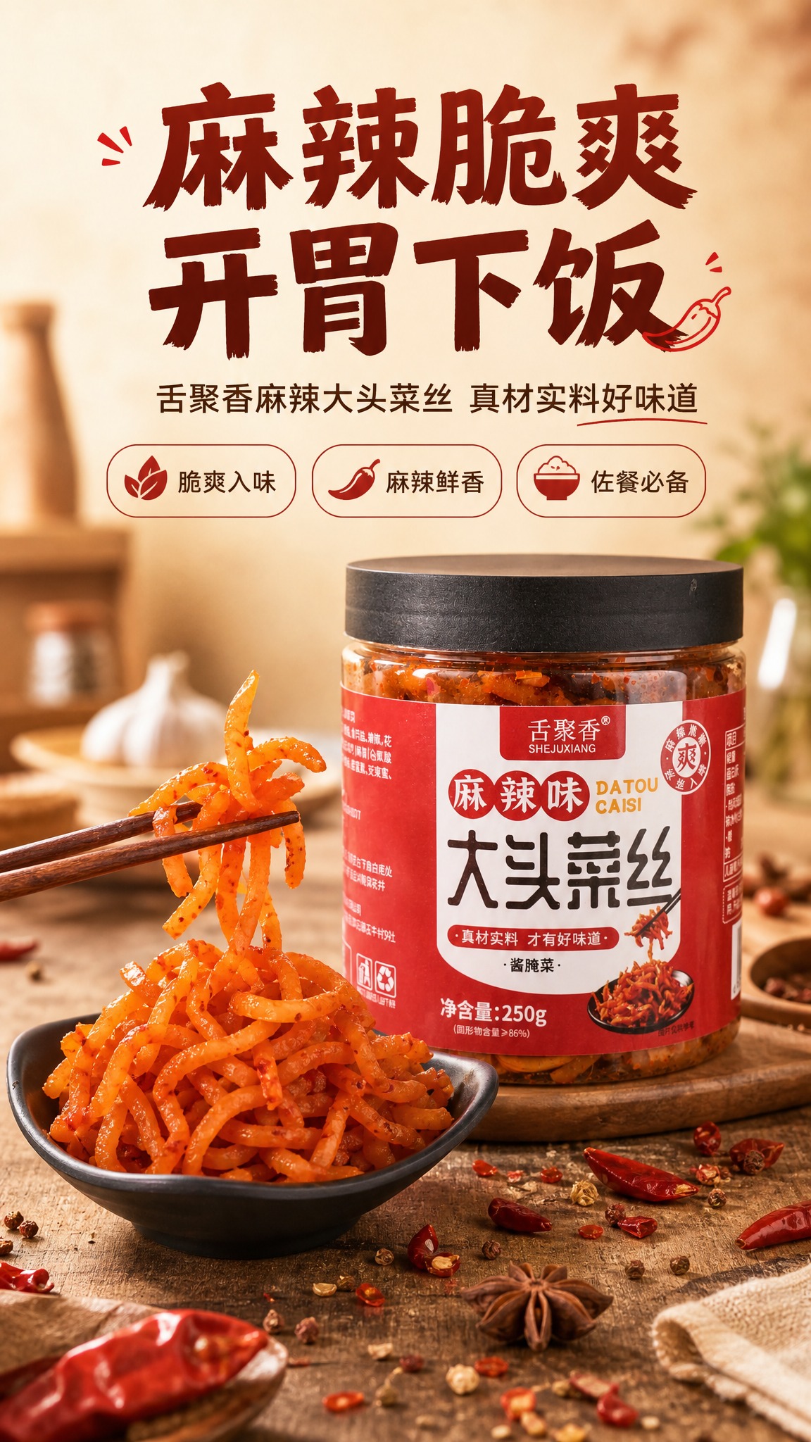 [商品] 使用【图3】舌聚香麻辣味大头菜丝罐装产品图、【图1】… - 图片创意预览