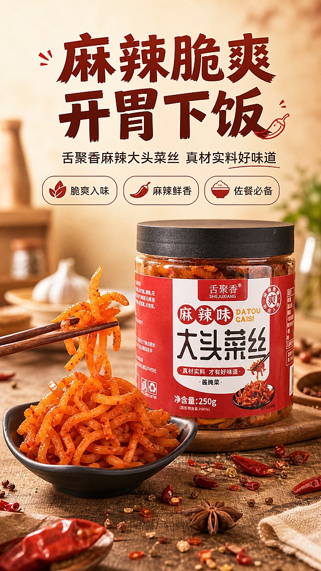 [商品] 使用【图3】舌聚香麻辣味大头菜丝罐装产品图、【图1】盛放在黑色小碗中的大头菜丝图、【图2】筷子夹起大头菜丝图；保留罐装产品的红色标签、"舌聚香"Logo、"麻辣味大头菜丝"字样、净含量250g、黑色瓶盖、透明罐身及内部菜丝；保留大头菜丝橙红色泽、丝状形态、辣椒碎颗粒；不改变产品结构、颜色、材质和包装文字。
[画面] 目标：食欲氛围头图，主打麻辣脆爽开胃下饭的核心利益。构图：上文下图竖版布局，上方1/3为标题文案区，下方2/3为产品主体区；主体占画面65%，居中偏下摆放罐装大头菜丝，左前方放置黑色小碗盛满大头菜丝，右侧一双木筷从碗中夹起一缕菜丝呈动态悬浮感，前景散落少许辣椒碎和香料，背景为暖调浅木色餐桌虚化，营造家常厨房烟火气；前中后三层景深，光线从左前侧打来，菜丝表面有油润光泽。
[视觉] 套系策略：风格=家常烟火气·食欲感商业摄影风；标题字=粗黑体带轻微手写感；正文字=简洁无衬线体；主色=暖红棕；背景延展=基于暖红棕做深浅层级、同色渐变和细腻木纹/纸质质感；强调色=辣椒红，仅用于小面积图标、引线和标签；标题色=深棕红；正文色=暖深灰；组件=圆角白底信息卡、细线引线、辣椒icon；光影=左前侧暖柔光，菜丝油润高光。
[文字] 顶部居中主标题"麻辣脆爽 开胃下饭"，副标题"舌聚香麻辣大头菜丝 真材实料好味道"，下方配3个短卖点icon：「脆爽入味」「麻辣鲜香」「佐餐必备」；文字区不遮挡罐装产品正面标签和碗中菜丝主体，所有文字横向排版，字号保证手机端清晰可读。
[规格] 图片比例9:16竖版，4K，避免变形、错字、文字过小、冷蓝/蓝灰背景、菜丝颜色改变、包装文字错乱、极限词。