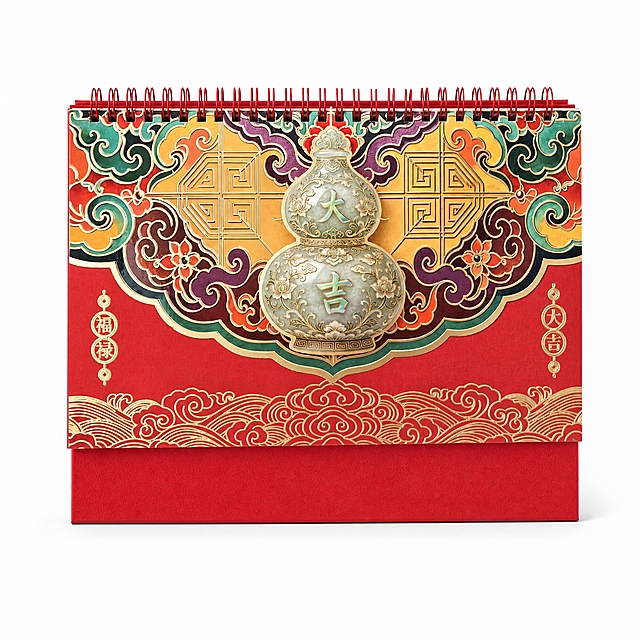 产品精修，产品置于纯白背景上，专业商业棚拍光，5500K标准中性白光，轮廓光，体积光，曝光正确，强烈真实立体感，标准透视校正，正常透视焦段，保持正视图机位，接地处保留干净浅淡的自然接触阴影，严禁大片投影、脏灰阴影和悬浮感，主体居中，商品完整入画不裁切，商品外轮廓视觉体量约画面60%-80%，四边均匀留白约10%-20%，严禁满幅铺满与贴边顶满，极致超清画质，细节清晰锐利，4K分辨率，商业级实拍质感，保留原图真实材质与结构细节，明显提升商品表面洁净度，清理灰尘、污渍、指纹，让表面从脏旧发闷变为干净可售卖状态，修复划痕、磨损和使用旧痕，翻新为干净商业新品感，基于原图材质恢复纹理、颗粒、高光和工艺细节，避免糊成塑料感，修复边缘毛糙、锯齿，边缘自然清晰过渡，锁定原图商品颜色，颜色以输入图为唯一参考，分段部件颜色边界按原图锁定，还原真实物理色彩，消除灰暗感和偏色，锁定原图商品轮廓、件数、部件位置、连接关系、标签文字和可见功能细节，只做精修不重绘结构，锁定烫金文字、纹样、葫芦装饰等敏感细节的颜色、材质、形状、位置、数量和连接关系，台历纸卡区域: 哑光纸质质感，柔和漫反射，低高光，烫金纹样区域: 光面金属质感，高光边线清晰，反射干净但不过度镜面化，葫芦装饰区域: 玉石温润质感，表面莹润细腻，光泽柔和自然，正视图，比例1:1