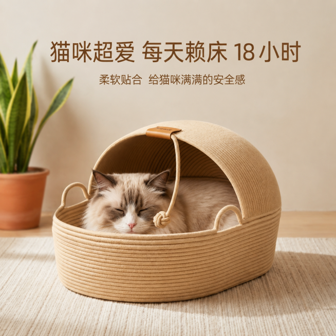 1:1 竖版电商主图，严格还原上传的天然绳编半封闭猫窝产品，包括浅卡其色绳编材质、半封闭穹顶造型、顶部棕色皮质标、绳结装饰、两侧提手等所有细节，产品外观、配色、材质质感完全与参考图一致，保持哑光绳编的预览效果