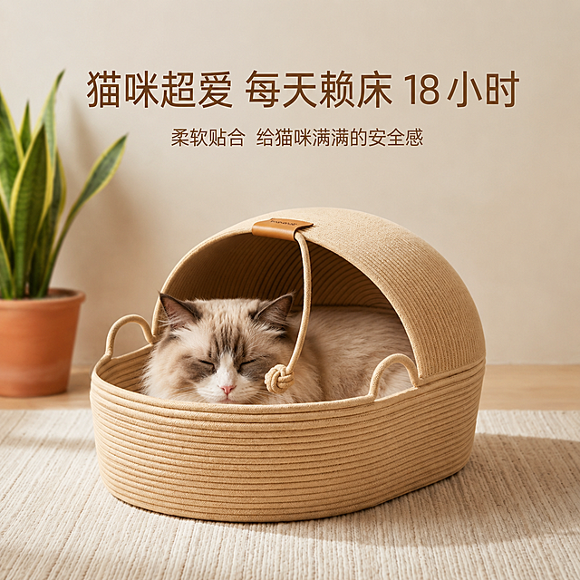 1:1 竖版电商主图，严格还原上传的天然绳编半封闭猫窝产品，包括浅卡其色绳编材质、半封闭穹顶造型、顶部棕色皮质标、绳结装饰、两侧提手等所有细节，产品外观、配色、材质质感完全与参考图一致，保持哑光绳编的天然肌理质感。整体为温馨居家场景，柔和自然光，背景为米白色墙面 + 浅米色地毯，一只温顺的布偶猫正舒服地窝在猫窝里，眯眼休息，营造真实的使用氛围。杂志风排版，画面上半部分为场景主体，猫窝与猫咪居中展示，采用平视角度，自然温馨；中上部叠加主标题 "猫咪超爱 每天赖床 18 小时"，副标题 "柔软贴合 给猫咪满满的安全感"，暖棕色无衬线字体，居中排版，文字纤细，不遮挡猫咪与产品。整体画面高清，色调柔和治愈，光影自然，无杂乱元素，真实感强。排除模糊、低画质、变形、产品外观改变、配色改变、材质质感改变、猫咪与猫窝互动不自然、画面杂乱、色彩刺眼、多余杂物、其他宠物、文字错误、非 1:1 比例的画面