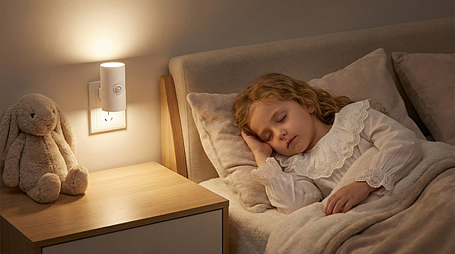 为这款小夜灯，生成一张可以用于美国亚马逊电商的场景图（夜晚，儿童房场景，小夜灯插在干净墙壁上的插座上，小夜灯的上下两侧散发出柔和的暖白色光线，一个身穿白色外翻蕾丝边领口睡衣的白人小女孩正在安稳的睡觉，床头柜上放着一个毛茸茸的玩具兔子，而感应灯就放在床头柜的上方）图片比例16：9。
