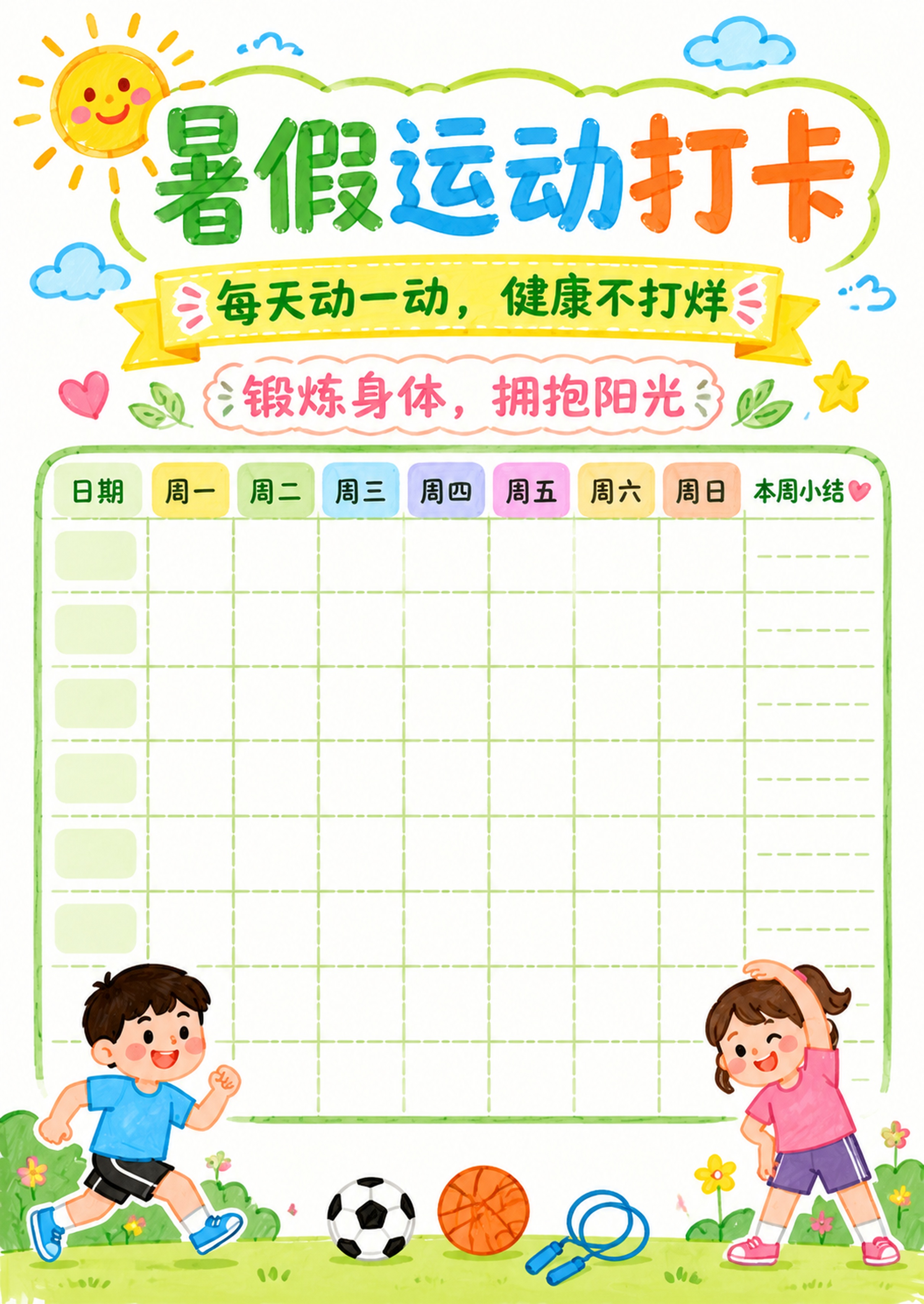 简笔画马克笔风格，主标题为暑假运动打卡，副标题为每天动一动，健… - 图片创意预览