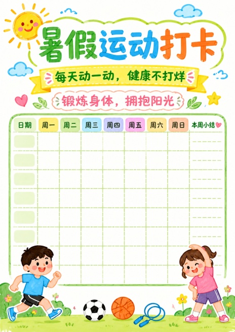 简笔画马克笔风格，主标题为暑假运动打卡，副标题为每天动一动，健康不打烊，装饰短句为锻炼身体，拥抱阳光，尺寸比例适配210*297(A4)，保留打卡表格可填写区域，配色清新手绘风，使用马克笔笔触，线条简预览效果