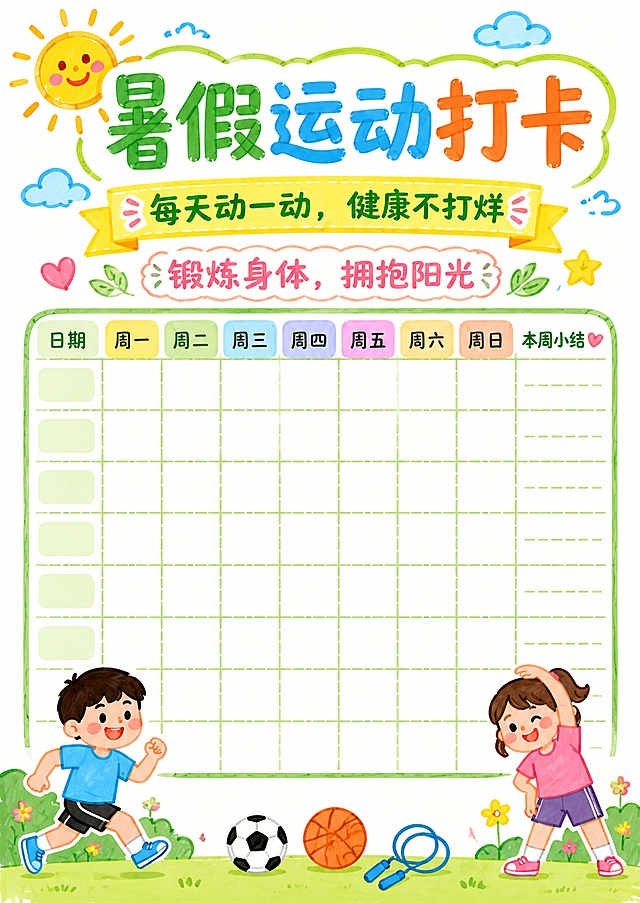 简笔画马克笔风格，主标题为暑假运动打卡，副标题为每天动一动，健康不打烊，装饰短句为锻炼身体，拥抱阳光，尺寸比例适配210*297(A4)，保留打卡表格可填写区域，配色清新手绘风，使用马克笔笔触，线条简洁可爱，文字清晰可读