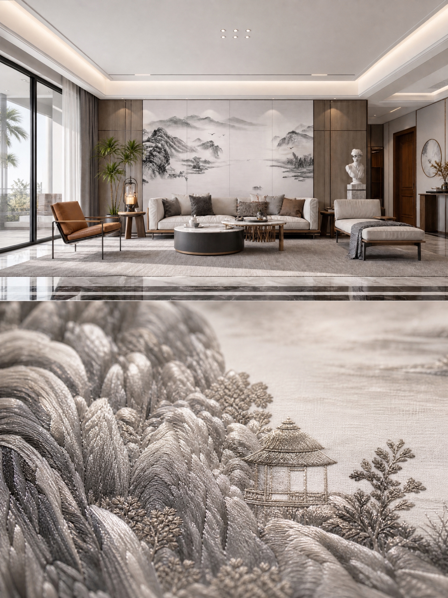 将图片上下拼接，上半部分保留原图的客厅场景图，下半部分是上半部… - 图片创意预览