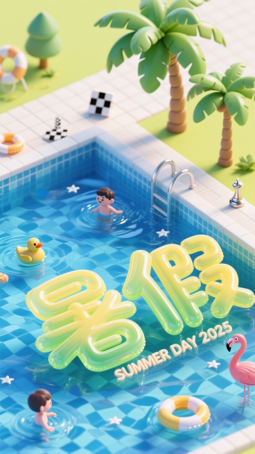 鸟瞰角度，透明绿黄绿色渐变膨胀充气，透明塑料字“暑假”漂浮在泳池内，" SUMMER DAY 2025 ”小字装饰，小人游泳、小鸭子、游泳圈、椰子树、火烈鸟，小银色棋盘格星星、蓝色泳池水背景，夏日晴朗预览效果