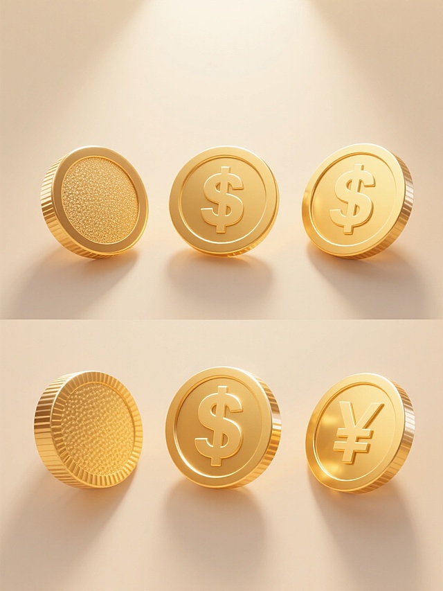 3D渲染风格的金币海报，浅米色背景，上下两行对齐排列六个不同设计的金币，每个金币具有独特的金色系配色方案、表面纹理样式和金属材质质感，部分金币带有细微的磨砂效果或镜面高光，整体呈现出明亮欢快的促销氛围，光影采用柔和的顶部光源，营造出立体感和精致的光泽感，构图简洁平衡，视觉焦点集中在金币本身，设计风格现代简约且富有吸引力。
