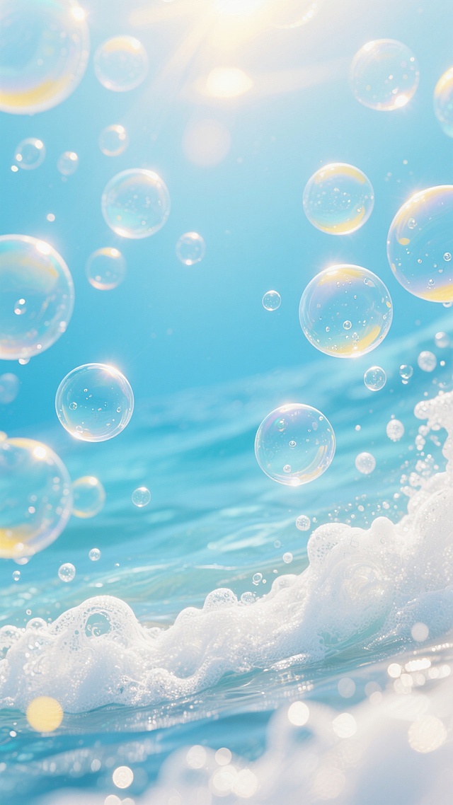 夏日氛围的透明气泡背景，整体色调为明亮的天蓝色与清澈的海水蓝渐变融合，点缀着淡黄色的阳光光斑和白色的浪花泡沫。画面中充满大小不一、边缘带有柔和高光的透明气泡，部分气泡内有细小的水珠和反光，营造出轻盈、清爽、通透的夏日水上世界感觉。背景呈现从中心向外逐渐变浅的层次感，底部和边缘有密集的泡沫纹理，光线从上方照射下来，形成自然的光影过渡和梦幻般的光晕效果，整体风格保持数字艺术的平滑质感和写实的液体透明度表现。