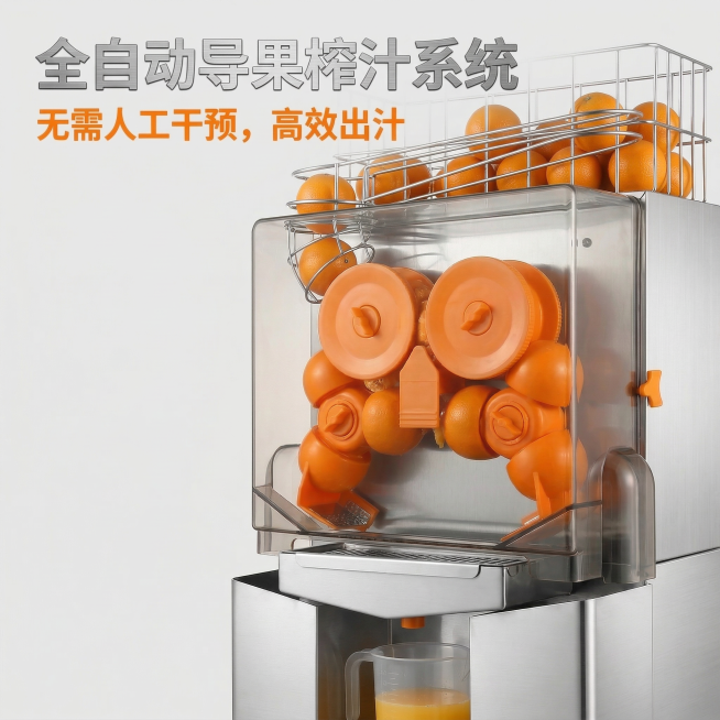 1:1竖版电商主图，严格还原商用全自动橙汁机产品图，包括透明操作舱内的橙色榨汁轮、储果篮导果结构、出汁口等核心部件，产品外观与参考图完全一致，保持不锈钢高光质感、透明塑料质感、橙色部件质感。画面聚焦橙预览效果