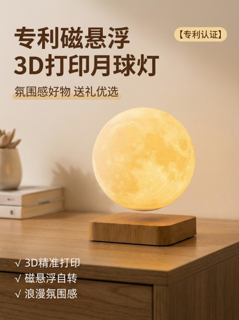 [主图 1] 3D打印悬浮满月型夜灯氛围展示首图
[氛围/风格] 现代简约，家庭温馨，暖光氛围感，温馨居家生活感，柔和漫反射光影
[画面元素] 保持产品外观与原图一致（悬浮满月造型+木质底座），产品居预览效果