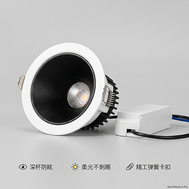 [主图-2] 射灯核心细节与卖点展示图；[氛围风格] 简洁专业商业展示风格；[画质] 商业摄影质感、光线柔和通透、产品清晰真实、画面干净高级；[元素] 聚焦单个射灯灯头部分，放大展示深杯防眩结构、金属固定弹簧和灯珠细节，驱动电源完整放置在射灯一侧作为配件展示。保持射灯外观（物理结构、材质质感、颜色）与输入产品图绝对一致，杜绝任何变形和色差，精细化处理。商品主体占比严格控制在70%左右；画面满屏无边框；[光影] 环形柔光打光，均匀照亮产品细节，突出金属弹簧的质感和深杯的结构层次，边缘轮廓清晰；[配色] 浅灰纯色背景，射灯白色深杯黑色，文字深灰色；[视角构图] 中心对称特写，焦点清晰落在灯头结构处；[文字版式] 底部信息模块分三个区域，每个区域配小图标+短句：「深杯防眩」「柔光不刺眼」「精工弹簧卡扣」，文字左对齐，大小对比清晰，右下角添加品牌水印；[比例分辨率] 1:1比例，2k分辨率；文字清晰锐利，画面超高清；[负向提示词] 变形，水印错乱，文字错乱，产品图模糊，背景杂乱