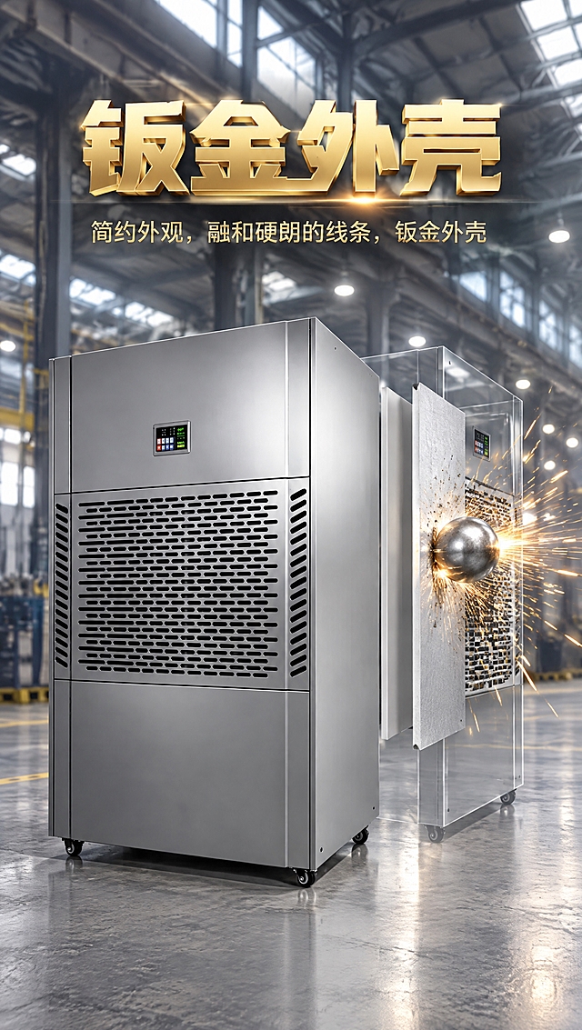 9:16 竖版电商详情长图，3D 产品渲染，写实工业风，金属表面细腻哑光钣金质感。

背景：大型钢结构厂房内部，顶部网格状钢梁与长条采光天窗，空间高挑开阔；背景轻微虚化，突出前景设备；柔和厂房环境自然光，偏冷工业色调。

画面主体（严格保持参考图中机器的外观、颜色、结构与比例不变）：银色立式工业除湿机，整机方正金属钣金机身，底部 4 个黑色万向脚轮，正面上方小型彩色数显控制面板，机身中部大面积长条冲孔进风格栅，机身左右两侧竖向斜切散热百叶。机器位于画面左下区域，机器正面朝向镜头，带一点侧透视，完整入镜不变形。

特效元素（画面右侧）：机器右侧复制出半透明同款机器的剖面示意层，两层机器中间露出白色钣金板材剖面；右侧增加撞击特效——金属球体撞击钣金板材，迸出金色火花，表现钣金外壳坚固抗冲击。

顶部文字排版（画面最上方，全部在机器上方留白区，不得压在机器格栅与显示屏上）：
主标题（画面最上方）：钣金外壳（简化字，四字，粗黑体，金色立体描边字，轻微浮雕金属质感，带高光与投影）；
副标题（主标题下方）：简约外观，融和硬朗的线条，钣金外壳（细体浅金色，字重明显更轻，横排一行）。

色彩：冷灰厂房背景 + 银色设备 + 金色文字与火花特效。层次：背景虚化，机器主体清晰，火花特效增加视觉冲击力。

禁绝：中文错字、乱码、繁体异体字、文字压在机器格栅或显示屏上、机器变形、缺口裁切、多余水印、多余杂物、卡通渲染、过曝、镜面反光。