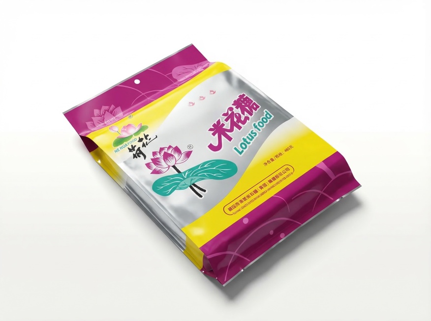 对这款米花糖包装袋进行商品精修：超清画质，智能降噪，细节锐化，8k分辨率，商业棚拍光，体积光，柔和阴影，消除包装袋表面褶皱，表面绝对平整，商业蒸汽熨烫，纯白背景，真实接触阴影，禁止拉伸变形，禁止无中生预览效果