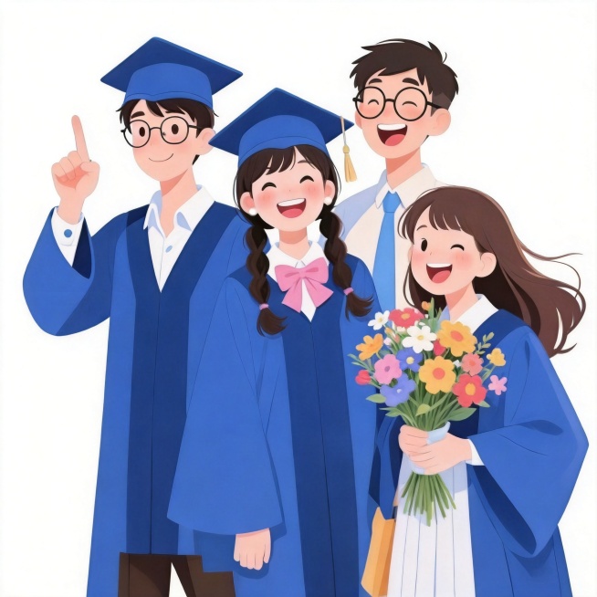 保留原图中所有人物和毕业礼服的造型、动作、花束内容，只将背景替换为纯白色预览效果