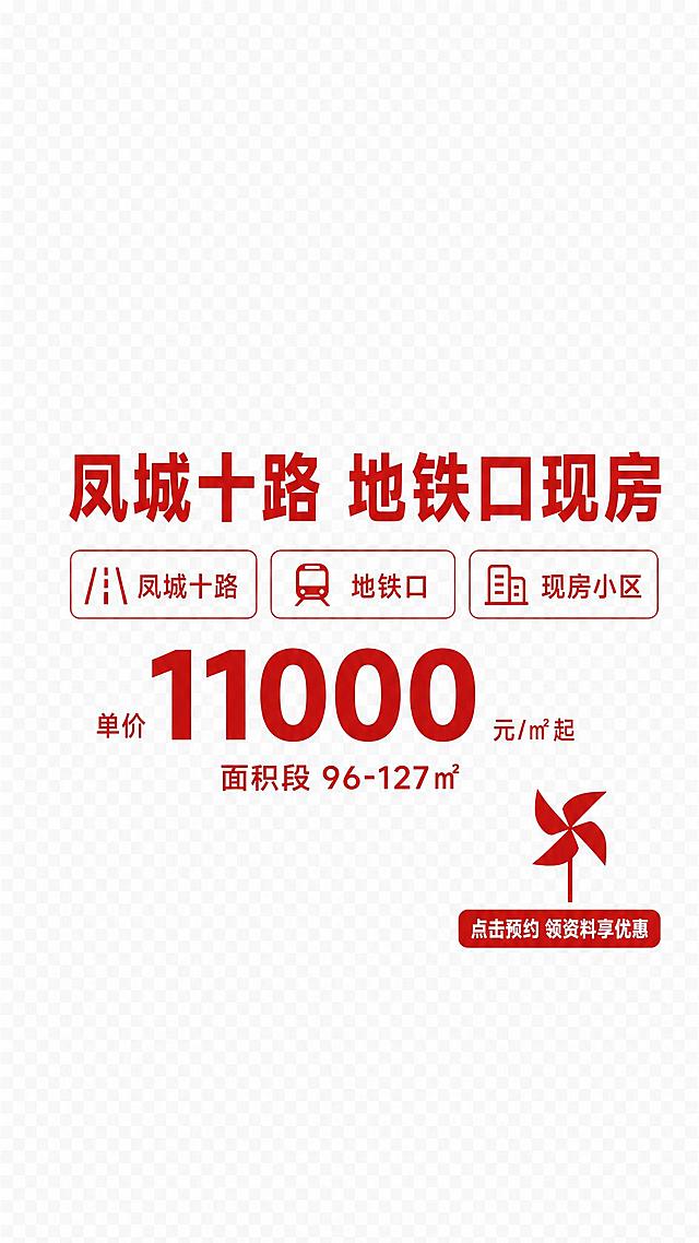 房产直播切图，透明背景PNG格式，极简简洁风格，红色字体为主，白色或浅色辅助。整体元素紧凑小巧，画面四周留出大量透明空白，元素集中在画面中部，占比约50%。

顶部主标题文字"凤城十路 地铁口现房"，大红色粗体字，简洁有力，无多余装饰。

中间区域三个简洁卖点标签横向排列，分别是"凤城十路""地铁口""现房小区"，白底红字或浅灰底红字，细边框，非常简洁，配极简线性小图标。

下方价格区域：红色大数字"11000"最醒目，左侧文字"单价"，右侧小字"元/㎡起"，下方一行红色小字"面积段 96-127㎡"。整体简洁不花哨。

右下角放置一个红色小风车图标，风车下方有简洁红色按钮，白色文字"点击预约 领资料享优惠"，简洁明了。

整体风格极度简洁，去掉所有复杂装饰、立体效果、渐变光效，只用平涂红色和白色/浅灰，版式干净清爽，背景完全透明。画面中所有数字必须精确渲染，不得错位、遗漏或编造。画面中所有信息区域必须填充完整合理的内容。