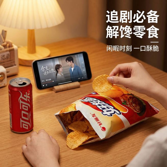 好丽友好友趣薯片拼多多主图第四张，食用场景风格，活泼休闲零食风，暖调柔光。第一人称视角，桌面摆放打开的好友趣薯片袋，一只年轻女性的手（亚洲面孔）正在拿起一片薯片，旁边搭配可乐、手机、追剧界面元素，背景预览效果