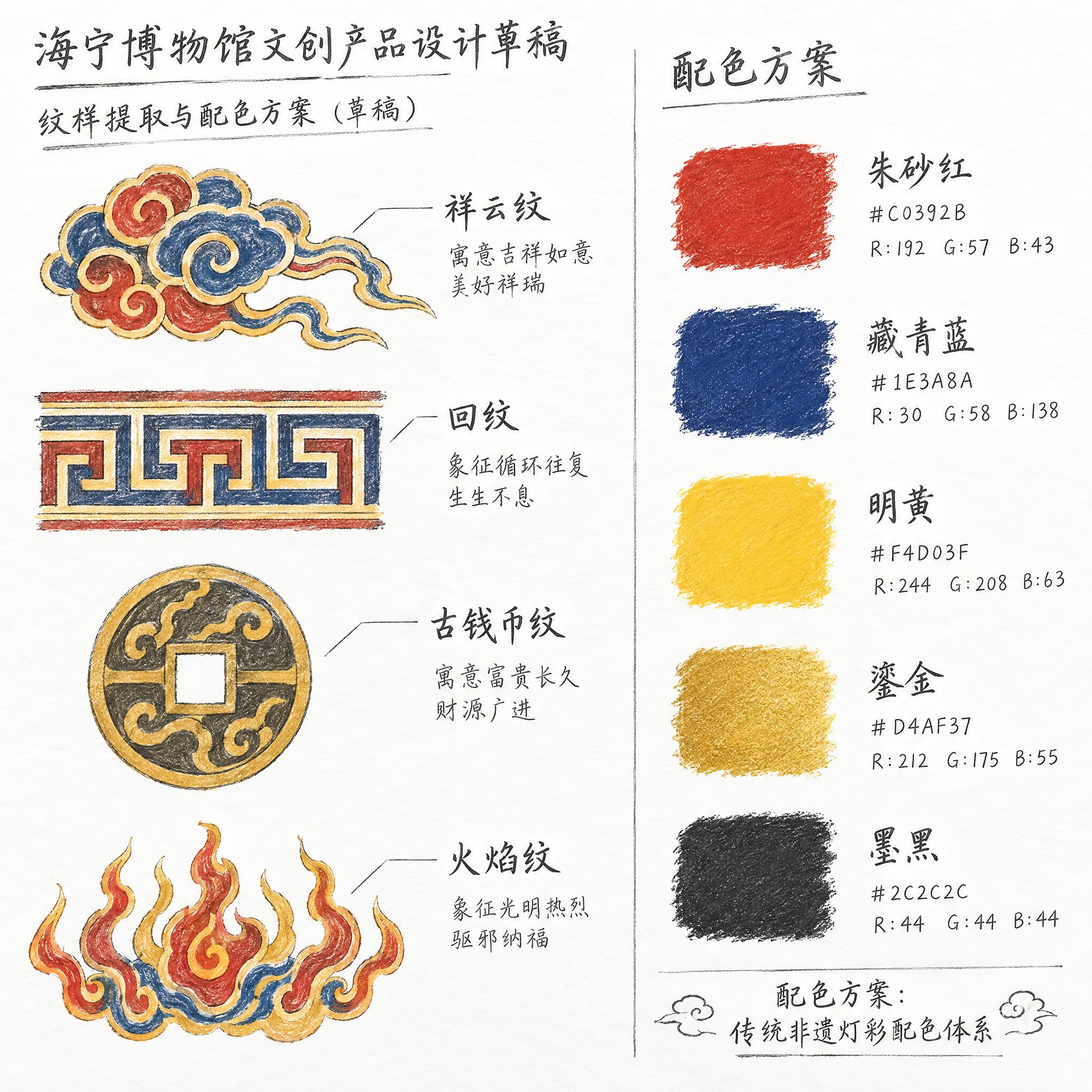 海宁博物馆文创产品设计草稿图第三张：纹样提取与配色方案草稿，手… - 图片创意预览