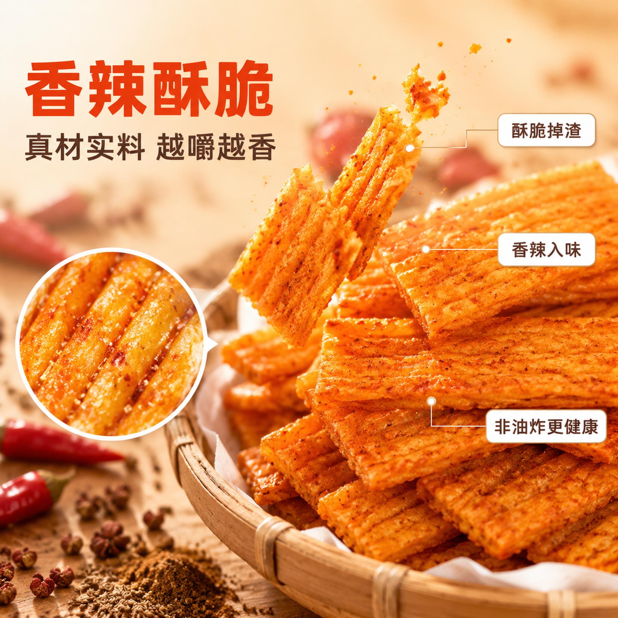 [主图-2] 脆辣条核心亮点与口感卖点图。 [氛围风格] 暖调… - 图片创意预览