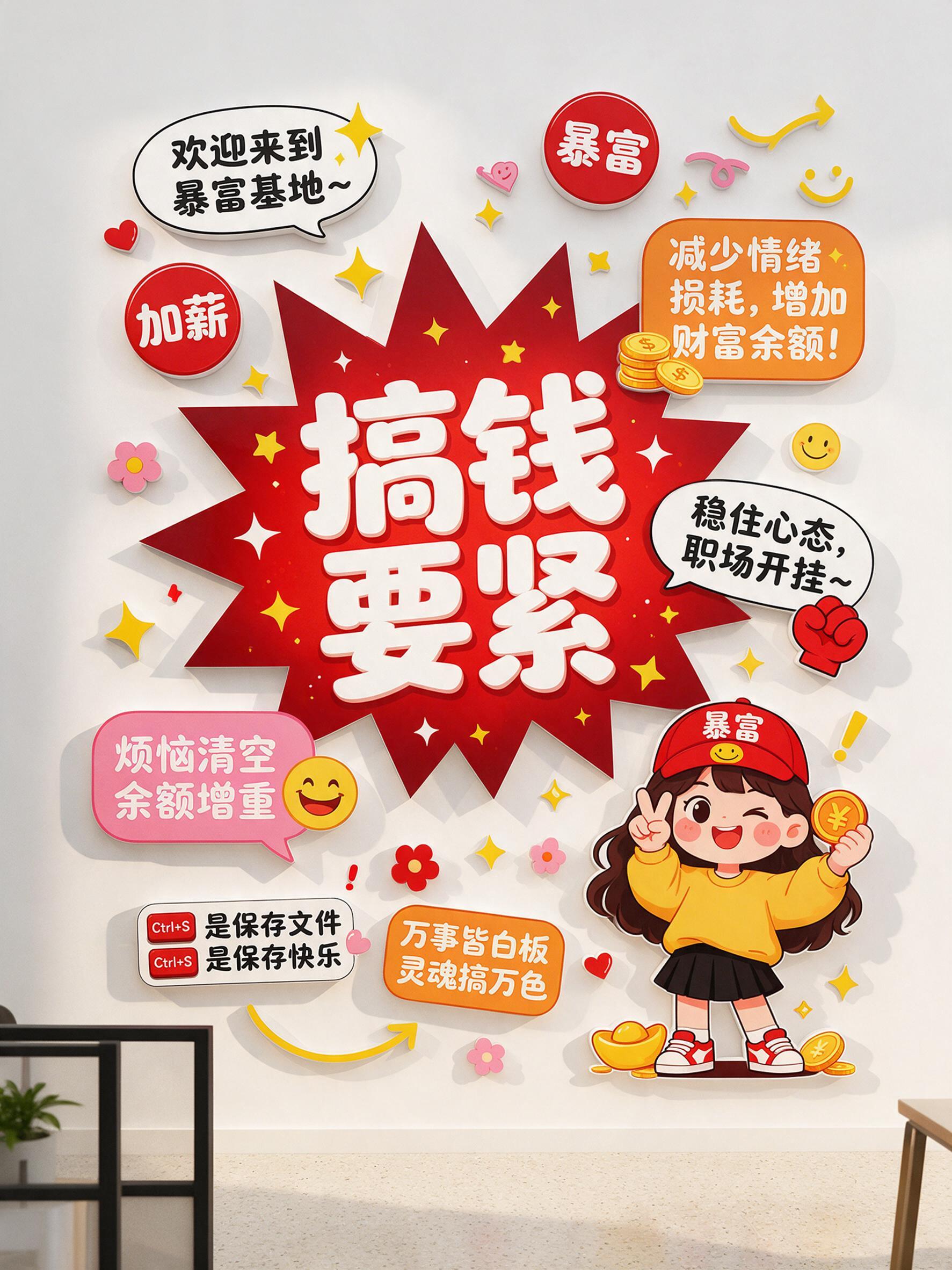 小红书官方风格办公室文化墙设计，年轻活泼多巴胺美学，红色系为主… - 图片创意预览