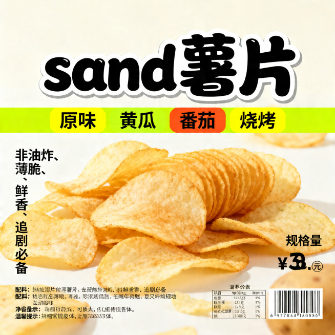 sand薯片宣传海报，主标题"sand薯片"在顶部中心区域居中放置，使用活泼粗黑体圆润手写体，年轻化有食欲感，搭配轻微投影描边。标题下方横向排列"原味""黄瓜""番茄""烧烤"口味标签，使用明亮粗体，预览效果
