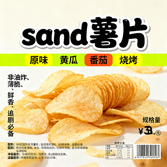 sand薯片宣传海报，主标题"sand薯片"在顶部中心区域居中放置，使用活泼粗黑体圆润手写体，年轻化有食欲感，搭配轻微投影描边。标题下方横向排列"原味""黄瓜""番茄""烧烤"口味标签，使用明亮粗体，色块背景强化。画面一侧排列卖点短句"非油炸、薄脆、鲜香、追剧必备"，使用简洁中等黑体。角落位置放置规格和价格信息，底部左对齐排列配料提示、净含量、保质期、温馨提示，使用纤细常规黑体。整体风格年轻活力，突出薯片产品食欲感。