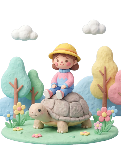 可爱卡通3D彩色黏土风格，小女孩坐在大石头龟上，整体是温馨童趣的户外场景，采用柔和马卡龙配色，保持黏土手工质感，透明背景PNG素材预览效果