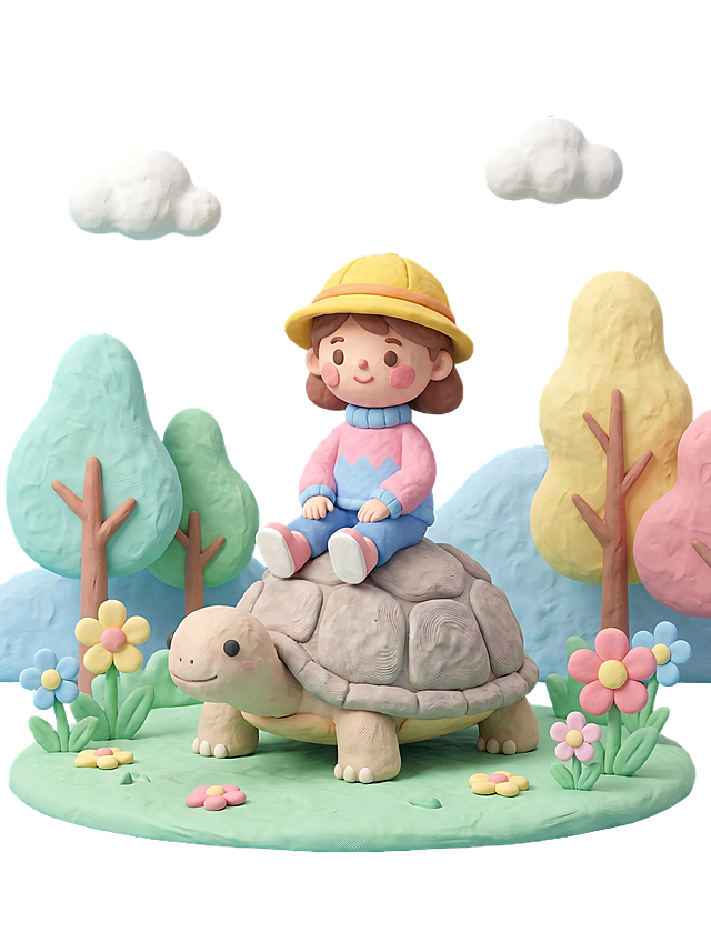 可爱卡通3D彩色黏土风格，小女孩坐在大石头龟上，整体是温馨童趣的户外场景，采用柔和马卡龙配色，保持黏土手工质感，透明背景PNG素材