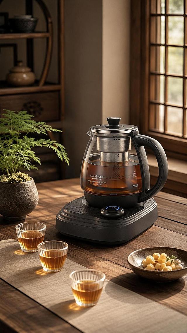 电陶炉煮茶器，严格参照第一张上传产品图，完整保留所有可见组件、部件、轮廓形状、结构、比例、材质质感、颜色与产品本体上的文字信息（logo/型号/规格/参数/刻度等），与上传图完全一致；自然融入第二张参考图的场景光影，与场景共处同一物理空间。
室内新中式茶室一角，温馨暖棕色调。
煮茶器放置在实木茶桌上，周围配有玻璃品茗杯、茶盘、绿植等茶道配套道具，还原参考图的组合语境。
4000K暖光柔和漫射，主光从左侧窗户斜入，产品受光面泛起暖木色光泽、暗部与边缘映射深棕环境光晕，整体光线统一自然，无硬阴影，与环境物理融合。
中景构图，产品位于画面中心偏右，微侧25°视角，镜头相对参考图偏转约20°。
无烟雾、无蒸汽，画面干净通透。
全量换款清单：①玻璃提梁壶：参考图竖纹提梁玻璃壶 → 生成图替换为第一张上传的黑色底座玻璃煮茶器（产品本体严格锁死）；②电陶炉：参考图胡桃木电陶炉 → 生成图替换为产品自带的黑色底座（产品本体严格锁死）；③茶杯：参考图4只锤纹玻璃杯 → 生成图3只透明玻璃品茗杯（同玻璃材质，换造型与数量）；④茶盘：参考图长方形木茶盘 → 生成图椭圆形胡桃木茶盘（同实木材质，换造型）；⑤绿植：参考图窗台大叶绿植 → 生成图桌面小型文竹盆栽（同绿植类别，换品种与尺寸）；⑥背景窗：参考图竖格木窗 → 生成图方格木格窗（同木窗类别，换格型）；⑦背景柜：参考图右侧木架 → 生成图左侧博古架（同实木家具类别，换款式）；⑧茶食：参考图长方形木碟装坚果 → 生成图圆形陶瓷碟装茶点（同茶食类别，换容器与品类）。
消除参考图中的所有品牌文字与多余水印。
4K超写实摄影，严格锁定宽高比为 9:16。
