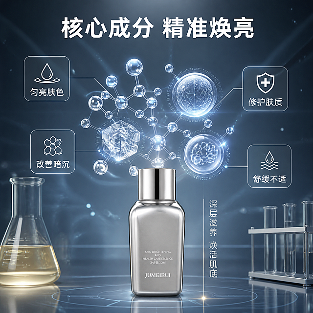[主图-2] 核心功效成分解析 微观科技感。
[氛围风格] 科研实验室风，微观分子透视质感，冷调高级科技感；
[画质] 商业摄影质感、光线通透、产品清晰真实、3D分子结构高精度渲染；
[元素] 画面底部展示银色精华小瓶（从套盒中取出的单瓶精华），产品外观（银色金属瓶身、瓶盖形状、材质质感）与输入产品图保持绝对一致，瓶身上"巨美瑞"中文字样全部去除，其余英文信息保留。瓶身上方悬浮大量3D微观分子结构（透明质酸分子、烟酰胺晶体、胶原蛋白球），分子结构有淡蓝色半透明发光效果，通过极细的白色引线连接到四周的功效图标卡片。背景为深灰蓝色渐变实验室空间，有微弱的网格线与镭射光带，左侧有一个半透明的玻璃烧杯盛着淡金色精华液体，右侧有极简金属试管架，画面飘散着细小的银色光点。商品主体（瓶子）占比约30%，分子结构与元素丰富饱满。
[光影] 顶部柔光漫射，分子结构自发光营造科技感，瓶身金属面有清晰的环境光反射，底部有柔和投影，整体冷调通透；
[配色] 主色深空灰蓝（背景），辅色银白、冰蓝（分子与光效），强调色淡金（精华液体与高亮数据）；
[视角构图] 平视略仰视角，瓶子在底部居中，分子元素向上扩散，上下分层构图，信息丰富不拥挤；
[文字版式] 画面上方主标题"核心成分 精准焕亮"，白色大号粗体；分子结构旁分布四个圆角半透明卡片，分别标注："匀亮肤色""改善暗沉""修护肤质""舒缓不适"，卡片内上为图标下为文字，白字深底；底部瓶子右侧竖排小字"深层滋养 焕活肌底"。
[输出要求] 1:1比例，2048*2048，文字清晰锐利，超高清商业摄影质感；
[负向提示词] 变形，文字错乱，产品图模糊，背景杂乱，水印，电商平台Logo，巨美瑞中文字样，优惠价格促销信息。
