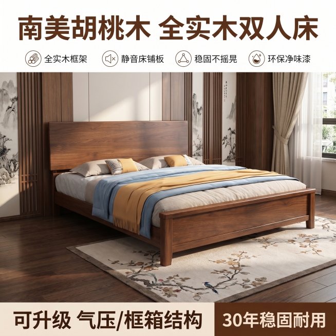[单张主图] 南美进口胡桃木实木床，爆款促销感主图，同时展示产品质感与核心卖点，适配拼多多平台。
[画面主体] 保留原图胡桃木实木床的外观、结构、材质、颜色完全一致，杜绝任何变形、色差和结构改动，床体预览效果