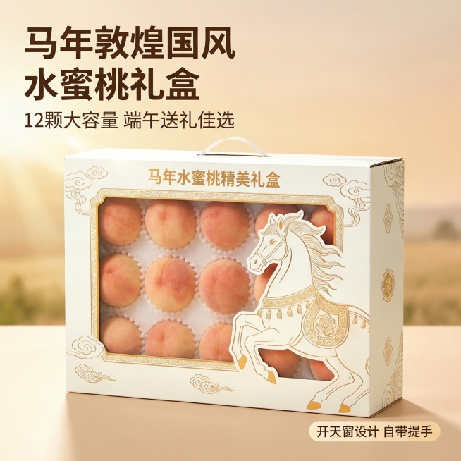 [主图 1] 马年水蜜桃精美礼盒首图，展示产品整体，突出食欲感。[氛围/风格] 田园治愈风，自然暖阳逆光，清新自然，突出高品质和新鲜度。[画面元素] 马年水蜜桃礼盒居中完整展示，背景为浅米色渐变田园风预览效果