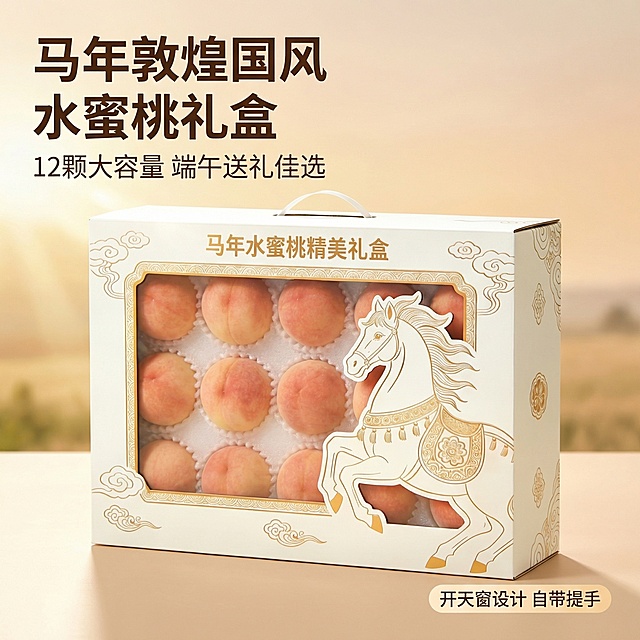 [主图 1] 马年水蜜桃精美礼盒首图，展示产品整体，突出食欲感。[氛围/风格] 田园治愈风，自然暖阳逆光，清新自然，突出高品质和新鲜度。[画面元素] 马年水蜜桃礼盒居中完整展示，背景为浅米色渐变田园风，柔和自然光线，无边框大图满铺，产品主体突出不遮挡。[配色色系] 主色调：米白、暖粉 Peach 色，辅助色：烫金，整体清新治愈。[视角构图] 平视视角，景深适中，主体突出。[文字版式] 主标题 "马年敦煌国风 水蜜桃礼盒" 粗体大字，位于画面左上角；副标题 "12颗大容量 端午送礼佳选" 小一号，位于主标题下方；右下角小标签展示 "开天窗设计 自带提手"，文字对比清晰，不遮挡主体。[比例分辨率] 1:1 比例，2k 分辨率。保持产品外观与参考图完全一致，仅调整背景和排版。