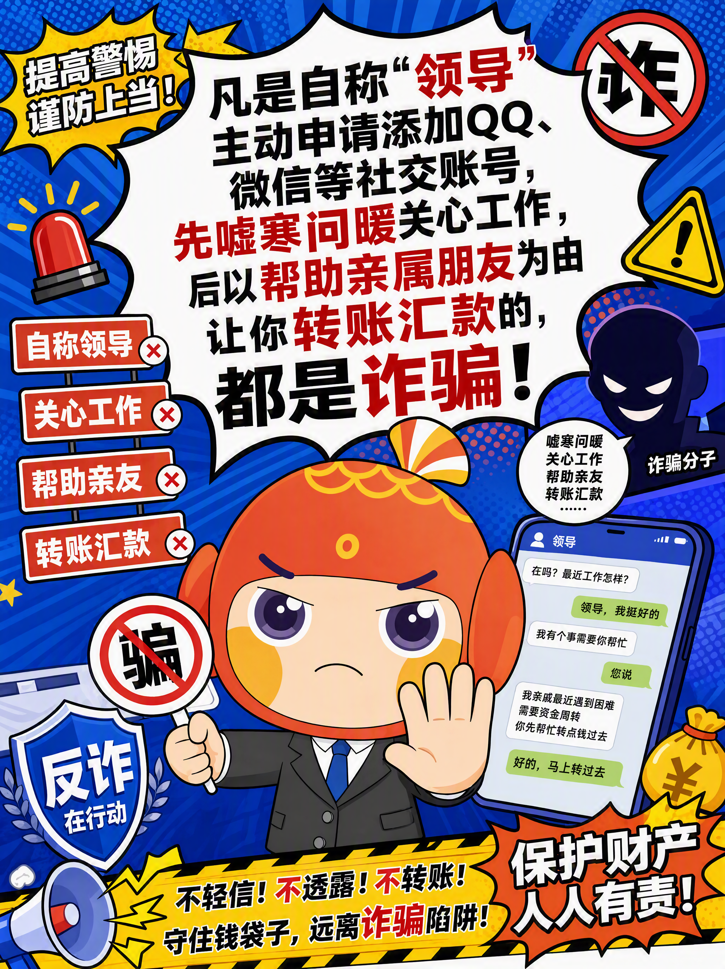 参考图中的反诈海报风格，以橙色头部卡通鱼形象为主体角色，卡通漫… - 图片创意预览