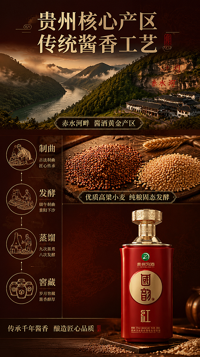 [第3屏] 详情页产地工艺屏-贵州酱酒核心产区与传统酿造工艺展示。本屏为产地工艺专屏，以原料和产地场景为主视觉，产品酒瓶缩小置于右下角作辅助。
[氛围/风格] 中式传统匠心风格，暖棕红色调，产地实景与工艺示意结合，文化底蕴浓厚，商业摄影质感。
[元素布局] 上半部分为贵州赤水河畔酱酒产区山景示意，占屏约40%，有青山、河谷、雾气；中间部分为高粱、小麦等酿酒原料平铺特写，颗粒饱满，占屏约30%；右下角放置国韵红酒瓶，占比约15%；左侧有传统酿造工艺步骤图标：制曲、发酵、蒸馏、窖藏；背景为暖棕色渐变，带有传统纹样暗纹。
[光影质感] 整体暖光氛围，产区部分自然光感，原料部分顶光突出颗粒质感，酒瓶部分侧光打亮金色铭牌，光影层次丰富，温暖厚重。
[配色色系] 全局底色 #5C1A1A 深酒红棕；主色红棕 #8B3A3A；辅助色金色 #CD9B1D、原料本色、山景青绿。
[视角构图] 上下分层构图，上产地下原料，阅读动线从上到下，右下角产品收束视觉。
[文字版式] 顶部大标题「贵州核心产区 传统酱香工艺」金色宋体；产区图下方标注「赤水河畔 酱酒黄金产区」；原料区标注「优质高粱小麦 纯粮固态发酵」；左侧四个工艺图标配文字：「制曲」「发酵」「蒸馏」「窖藏」；字体统一宋体风格，金白两色。
[比例分辨率] 9:16 竖版比例，4K 分辨率，文字清晰可辨，高清画质。
[负向提示词] 产品变形，颜色偏差，水印，文字错乱，文字过小，背景杂乱，极限词，虚假功效宣传。
