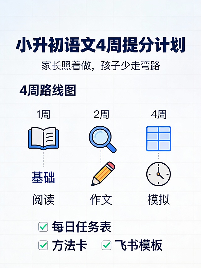 A clean screenshot-style educational graphic, mimicking a Feishu Doc page.  
Top: bold title "小升初语文4周提分计划" in dark blue.  
Below: subtitle "家长照着做，孩子少走弯路".  
Center: a clear 4-week roadmap with icons:  
- Week 1: 基础 (book icon)  
- Week 2: 阅读 (magnifier icon)  
- Week 3: 作文 (pencil icon)  
- Week 4: 模拟 (clock icon)  
Bottom: checklist "✅ 每日任务表 ✅ 方法卡 ✅ 飞书模板".  
Background: soft white with subtle grid lines.  
Font: clean sans-serif, legible on mobile.  
Style: realistic document mockup, not cartoonish.  
--ar 9:16 --style raw