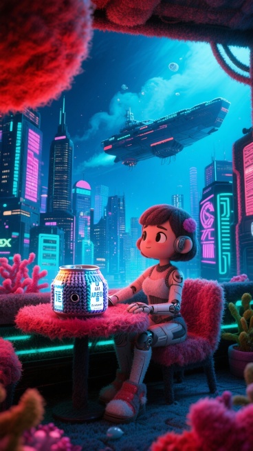 羊毛毡手工置景，Q版卡通风格，毛茸茸的海底世界，背景是霓虹闪烁的未来巨型都市夜景，以深邃靛蓝与猩红为基调，点缀明亮的霓虹粉与青色光效，空中飘散着人造烟雾与数据流光粒子，天空中缓缓飘过一艘巨大浮空母舰，预览效果