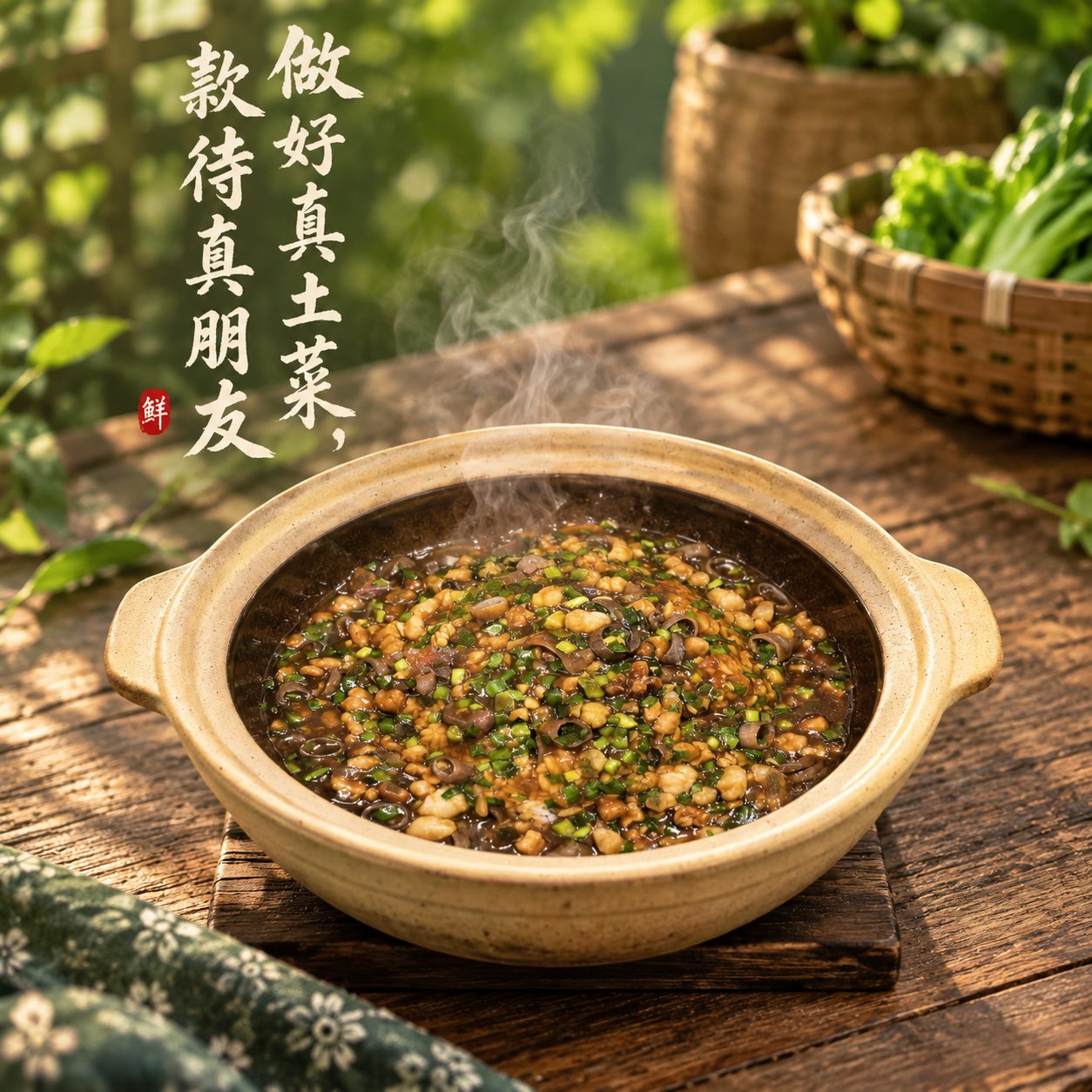 参考第一张图的设计风格和排版，保留第二张图中的砂锅菜品原样不变… - 图片创意预览