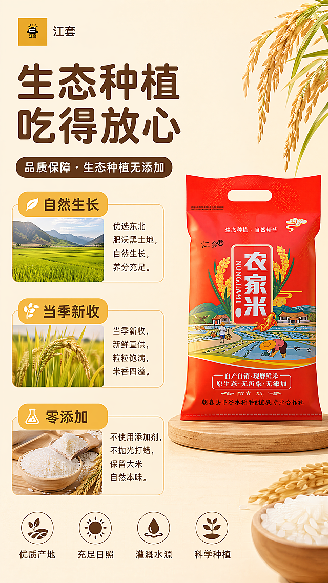 [第3屏] 品质保障-生态种植无添加。右侧展示完整【图1】包装保持文字清晰。干净清新，专业严谨。左上大标题，三纵栏卖点，配图+文字，卖点为自然生长/当季新收/零添加。全局底色#F5E9D3，配色文字棕、卖点底黄、包装红。左右分栏平视。圆角黑体棕白两色。大标题"生态种植 吃得放心"。9:16 4K 清晰文字。负向提示：文字错乱，包装模糊，信息混乱