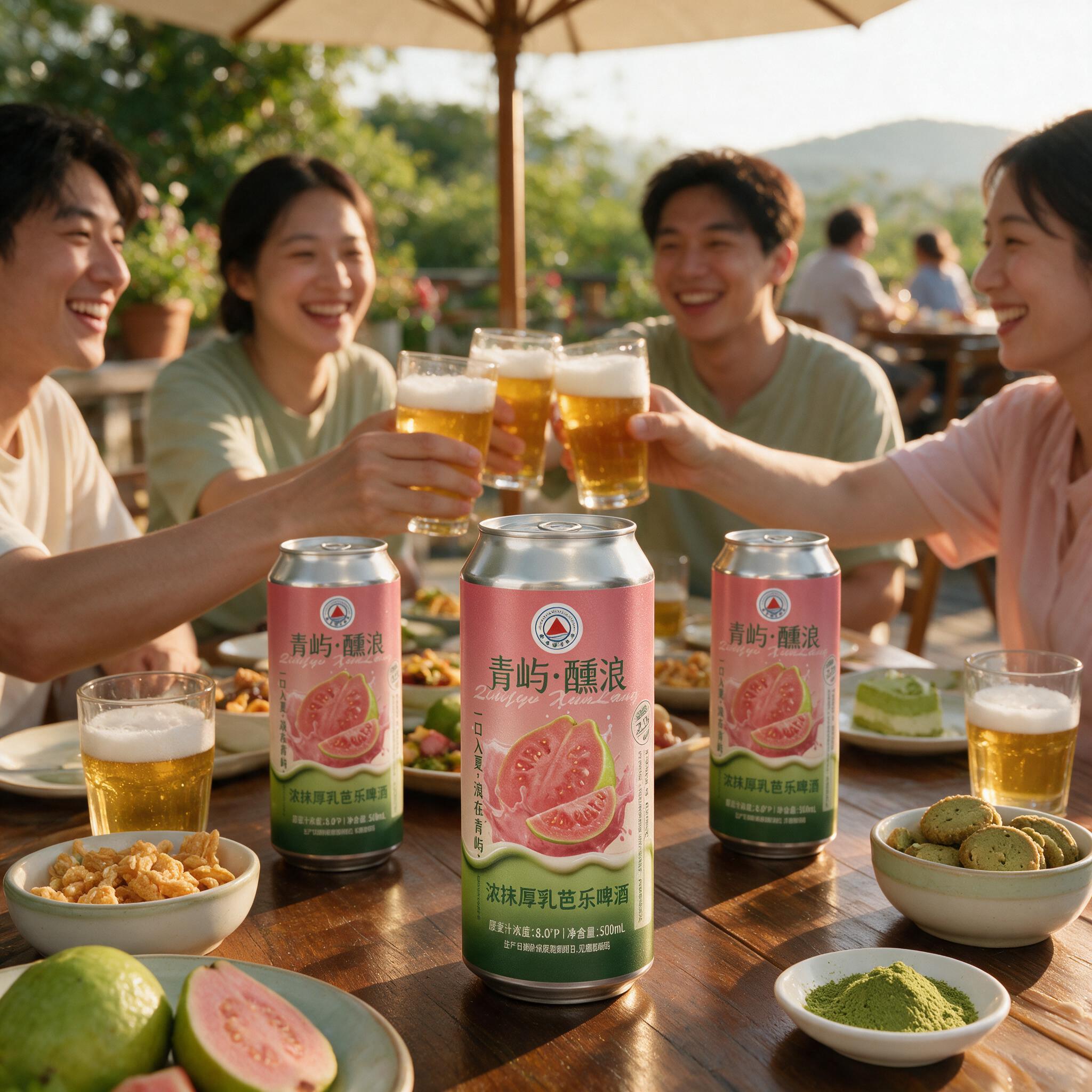 将背景替换为户外露台朋友聚会场景。餐桌上摆放着多罐同款啤酒、透… - 图片创意预览