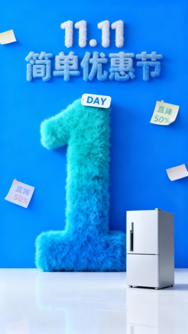主视觉为一个蓝绿色渐变毛绒材质的“1” ，“DAY”标签位于数字“1”上，商品位于画面右下角，背景是高饱和蓝色结合便签纸元素，画面上方为毛绒主标题“11.11 简单优惠节”，“直降50%”便利贴装饰。预览效果