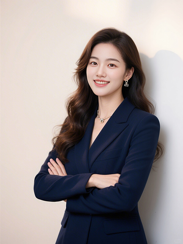 轻拟物风商务肖像，简约主义构图，深蓝面料质感西服凸显优雅与时尚，实景感光影营造专业氛围。