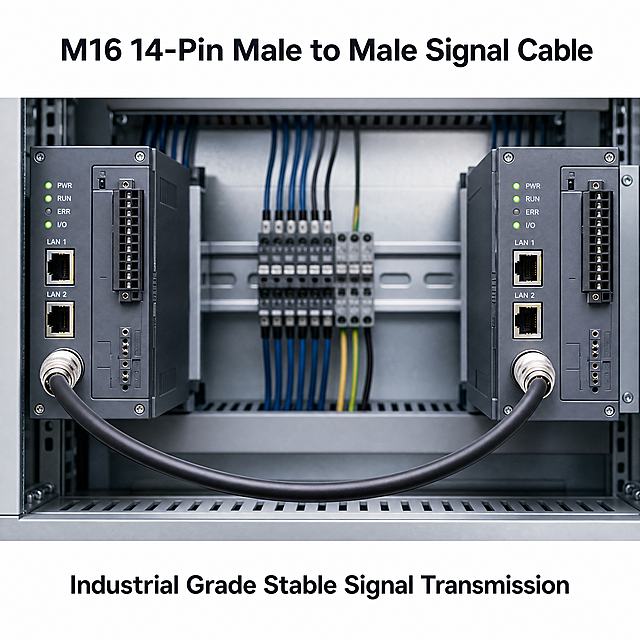 [Main Image 2] Application scenario display. Keep the original product appearance completely unchanged. Show this M16 14-pin cable connected between two industrial automation control modules in a factory control cabinet. Clean professional industrial environment. Add English headline "M16 14-Pin Male to Male Signal Cable" at top, subtitle "Industrial Grade Stable Signal Transmission" at bottom. All text in English, placed in blank area without blocking product. 1:1 square.