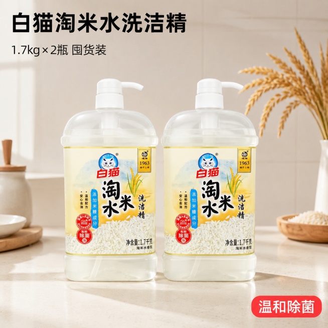 [主图-两瓶组合]白猫淘米水洗洁精两瓶组合陈列展示
[氛围风格] 明亮洁净的厨房场景，清爽通透实用感，抖音高点击实拍风格
[画质] 商业摄影质感、光线柔和通透、产品清晰真实、画面干净高级
[元素] 两预览效果
