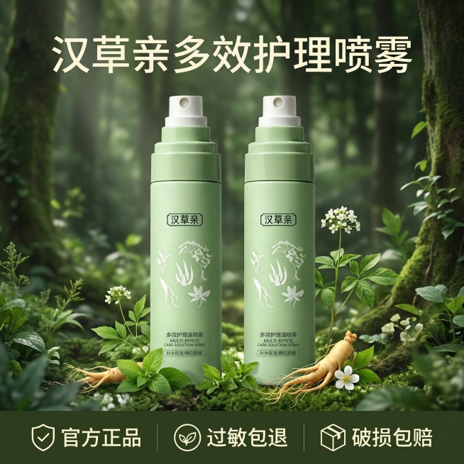 [主图 5] 产品全家福促销主图，汉草亲多效护理喷雾，保持森林草本风格统一
[氛围风格] 整洁大方，专业可信的促销氛围，深林薄雾草本清新风格统一
[画质] 商业摄影质感，画面干净清晰，超高清
[元素]预览效果