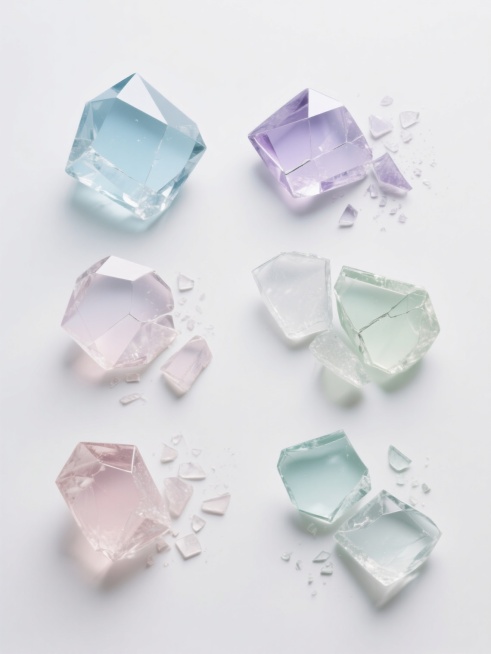 白色背景上，六组不同样式、不同颜色、不同碎裂程度的水晶碎片排列整齐，每组碎片具有透明质感和棱角分明的几何形态，表面带有细腻的高光和反光效果，边缘锐利清晰，整体呈现出简洁而精致的设计感，色彩从浅蓝、浅紫到淡粉、淡绿等不同色调渐变，碎裂程度从大块完整晶体到细小破碎颗粒不等，布局均匀有序，视觉层次分明，信息传达清晰，符合现代简约的设计风格。预览效果