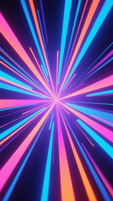 彩色渐变速度线抽象背景，放射状构图，线条从中心向外呈动感扩散，采用明亮的蓝紫色调与荧光粉橙色渐变交织，线条边缘带有柔和的发光效果，部分线条粗细不均形成节奏感，整体呈现出强烈的视觉冲击力和速度感，几何抽象风格，现代设计感，高对比度，渐变色彩过渡自然，无文字元素。预览效果