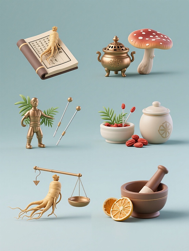 一组六个3D立体风格的中医药材系列图标，保持统一的视觉风格和纯色背景，每个图标展示不同的中医药元素：1. 人参配中医古籍，2. 灵芝与炼丹炉，3. 艾草和针灸铜人，4. 枸杞搭配药罐，5. 当归与戥子秤，6. 陈皮配捣药钵，所有元素规整排布，采用传统中医药色调，呈现古朴而精致的3D立体效果。
