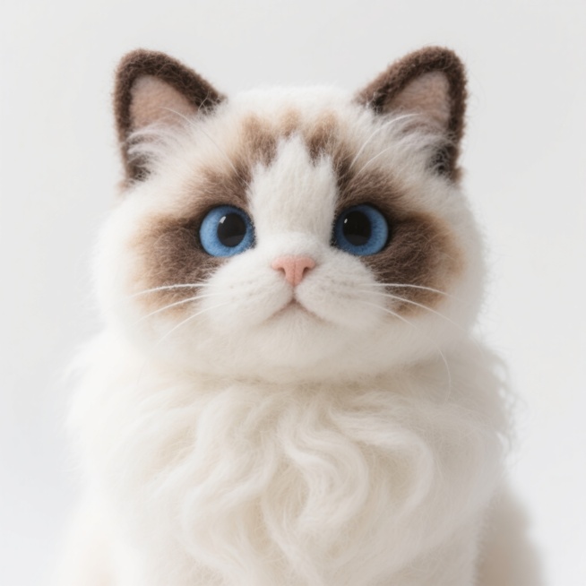 一只蓝眼睛的布偶猫，毛发蓬松柔软，主要为白色，夹杂着浅棕色和深棕色的斑纹，耳朵竖立，表情温和，背景为纯白色。预览效果